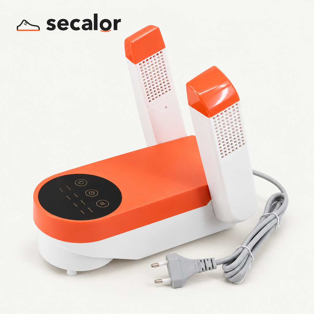 Secalor, secador de calzado blanco y naranja con dos brazos