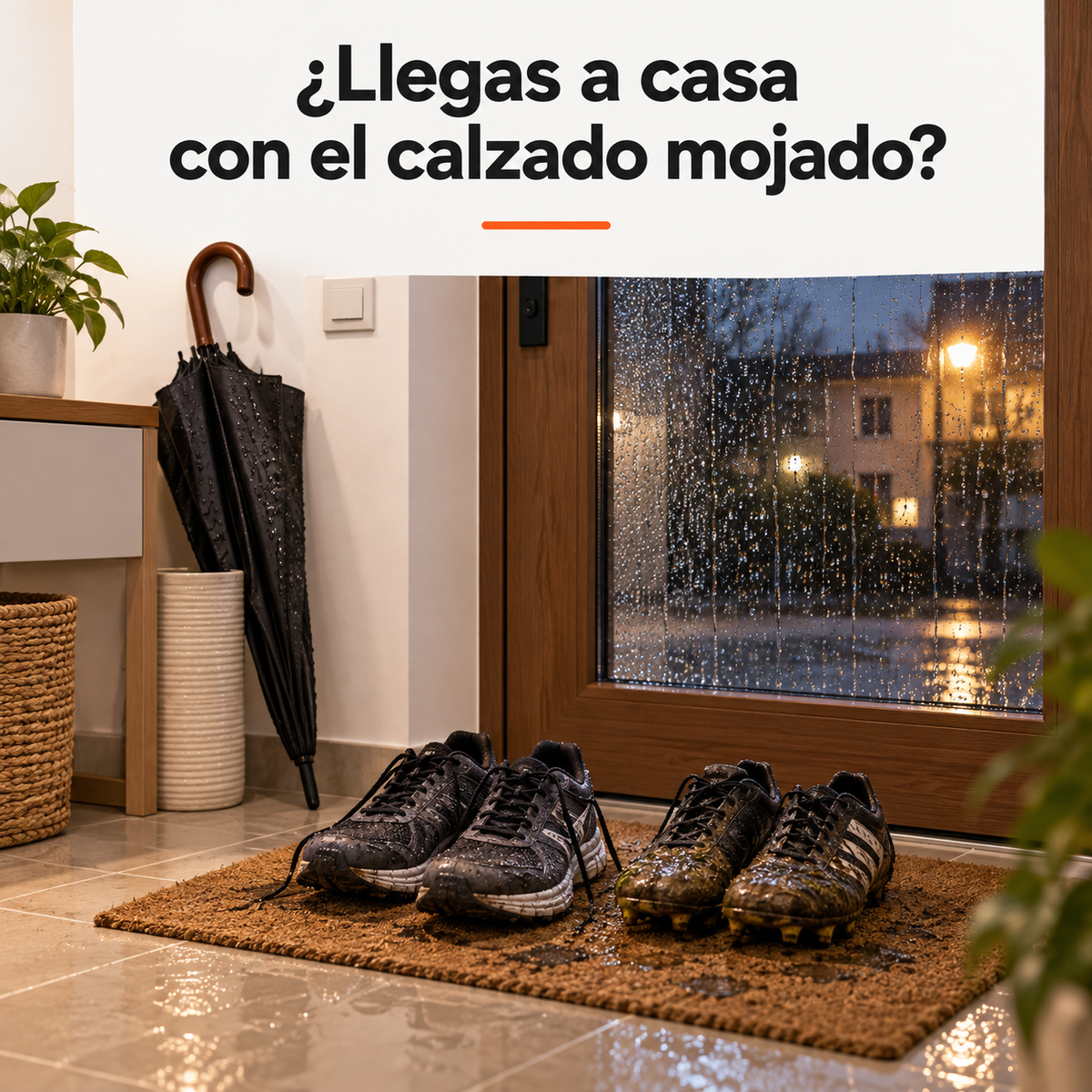 Zapatillas y botas de fútbol mojadas en el recibidor un día de lluvia