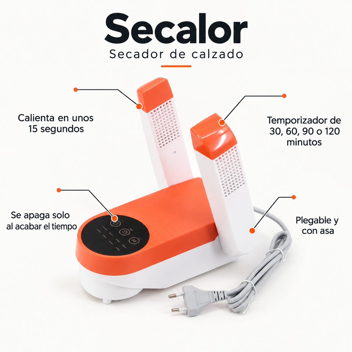 Calienta en unos 15 segundos, temporizador de 30, 60, 90 o 120 minutos, se apaga solo, plegable y con asa